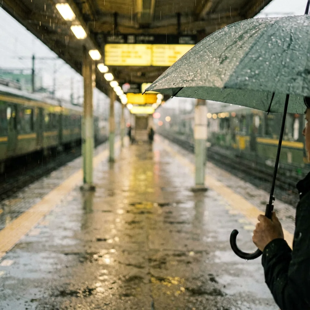 细雨中的站台与湿润地面，出行场景